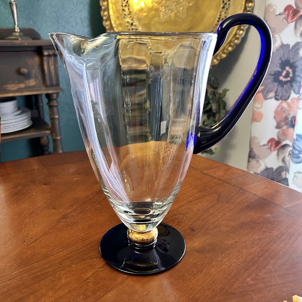 Romania 11" Crystal Clear Glass‎ Pitcher Cobalt Blue Handle & Base Gold Accent